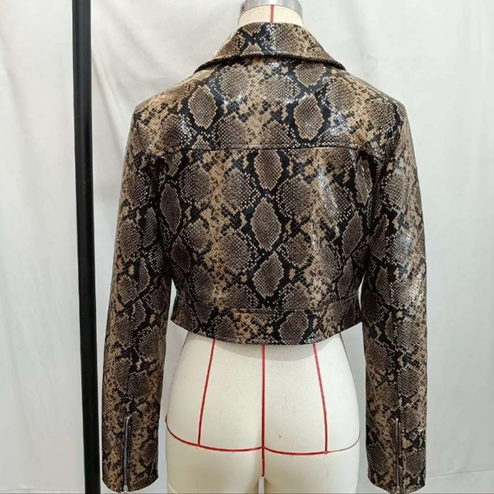 Fashion Snake Printed Short Jacket Women Lapel Zipper Long Sleeve - Picture 13 of 15